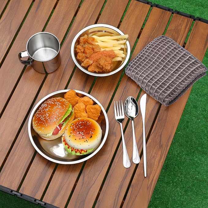 Lallisa Outdoor Camping Cookware Mess Kit Polished Stainless Steel Dishes Camping Utensils Portable