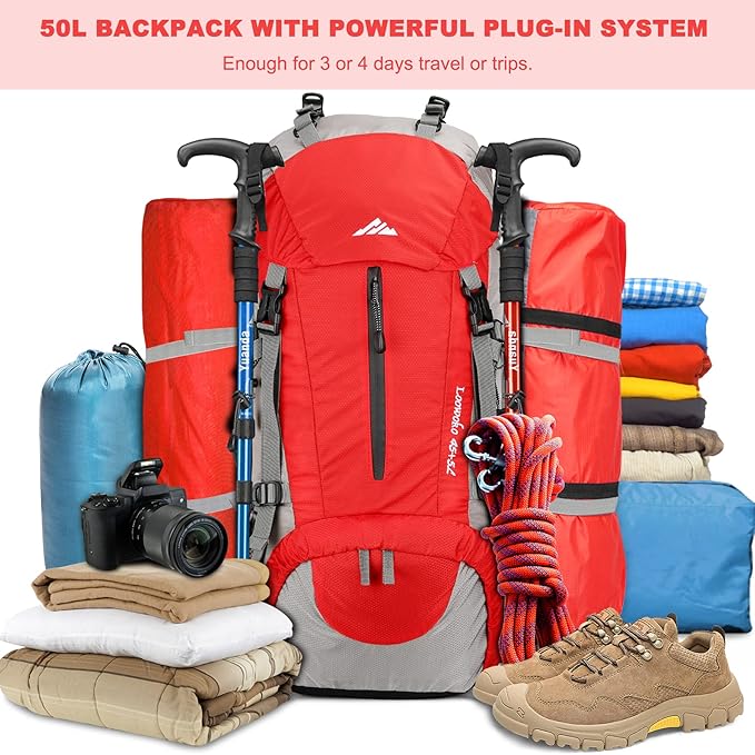 Loowoko 50L Hiking Backpack, Waterproof Camping Essentials Bag with Rain Cover, 45+5 Liter