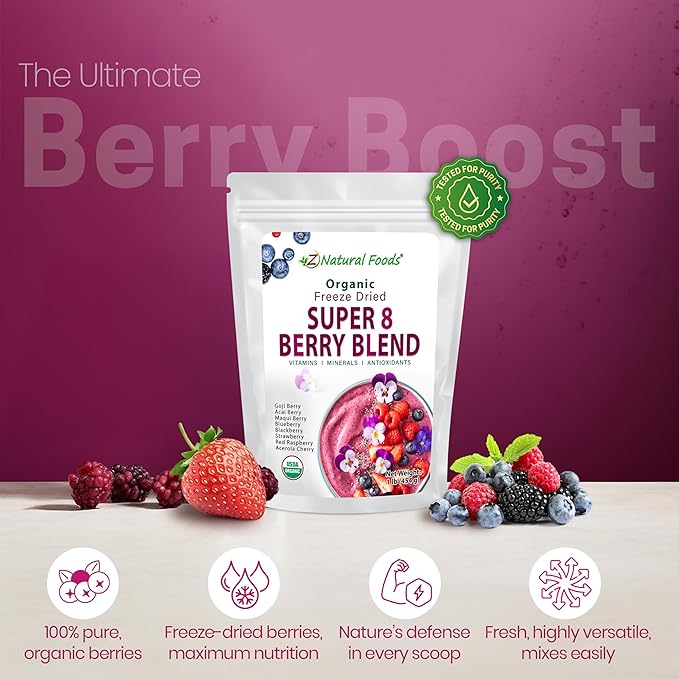 Z Natural Foods Super 8 Berry Blend - Organic Freeze Dried Berry Powder, Fruit Superfood Powder