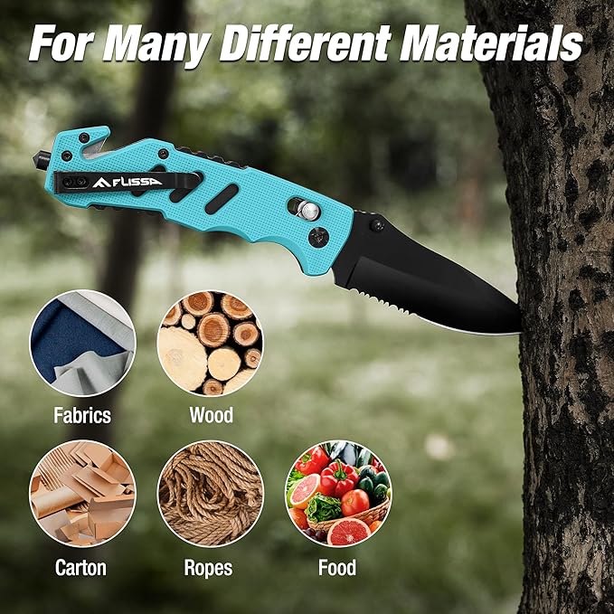 FLISSA Folding Pocket Knife with Clip, Glass Breaker and Seatbelt Cutter, Survival Knife for