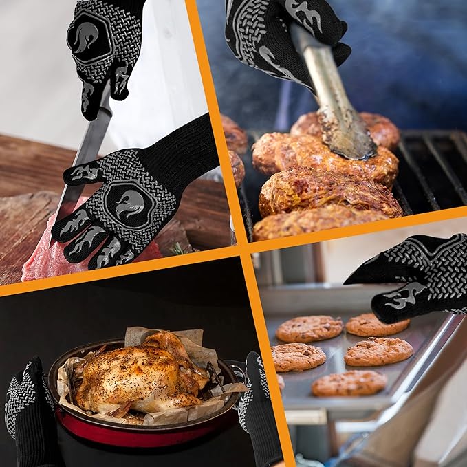 BBQ Fireproof Gloves, Grill Cut-Resistant Gloves 1472°F Heat Resistant Gloves, Non-Slip Silicone