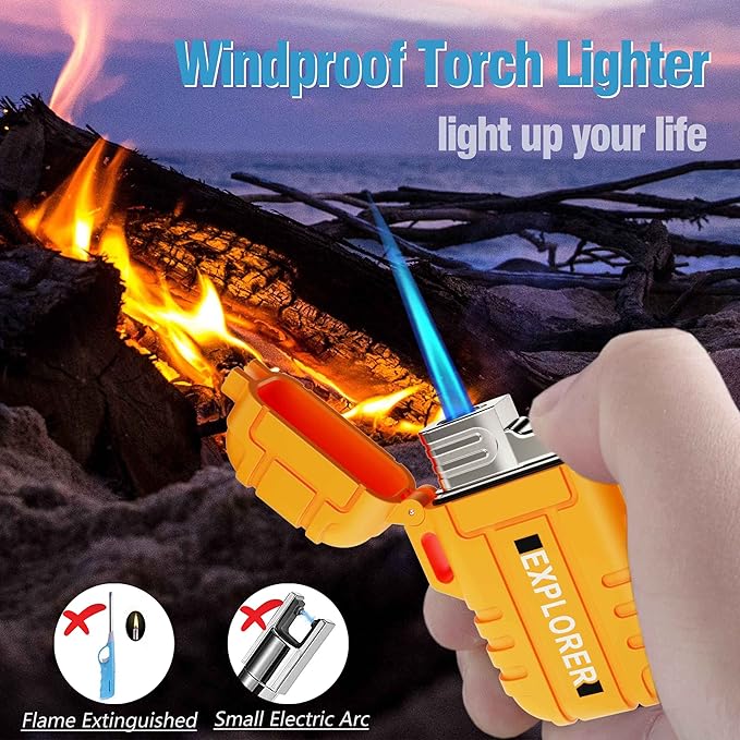 Torch Lighter, 2 Pack Butane Lighter, Windproof Outdoor Gas Lighter Adjustable Jet Flame Lighters