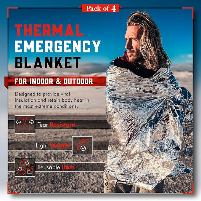 Emergency Blanket 4-Pack Space Mylar Blankets Survival Gear and Supplies Reusable Thermal Camping