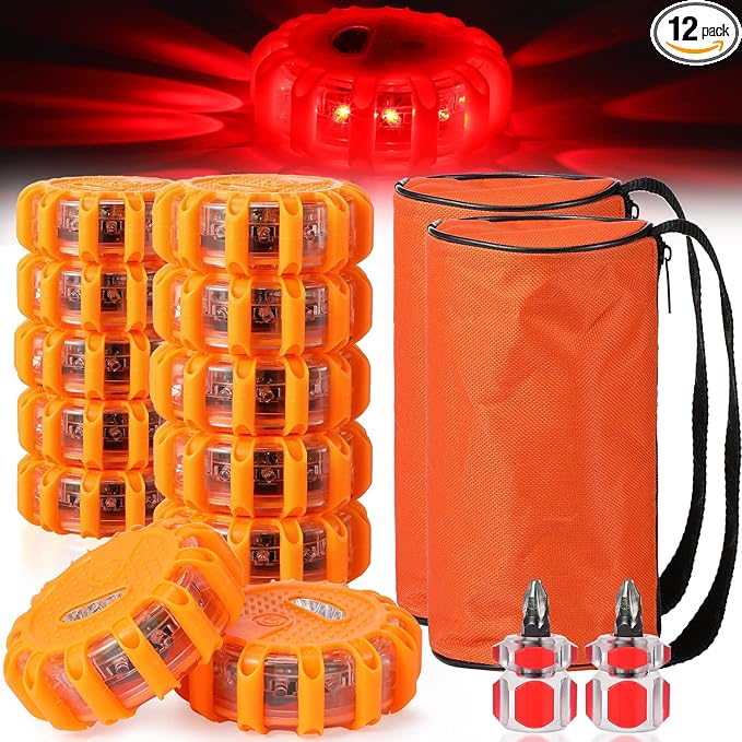 Tallew 12 Pack LED Road Emergency Roadside Lights Flashing Safety Warning Kit Beacon Magnet Hook
