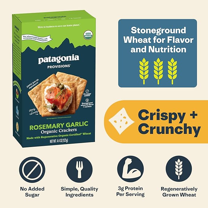 Patagonia Provisions Organic Rosemary Garlic Crackers (3 Pack) – 3g Plant Protein Per Serving