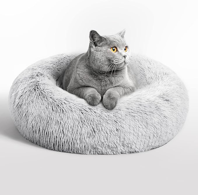Love's cabin Calming Cat Bed for Indoor Cats, Anti-Anxiety Donut Round Dog Bed, Fluffy Faux Fur