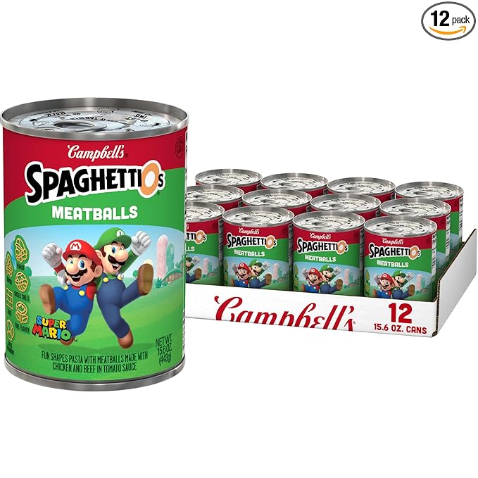 SpaghettiOs Super Mario Bros Canned Pasta with Meatballs, 15.6 oz Can (Pack of 12)