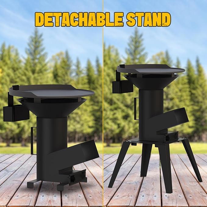 3-in-1 Camp Rocket Stove Kit with BBQ Grate, Griddle, Pot Rack, Portable Wood Burning Stove with