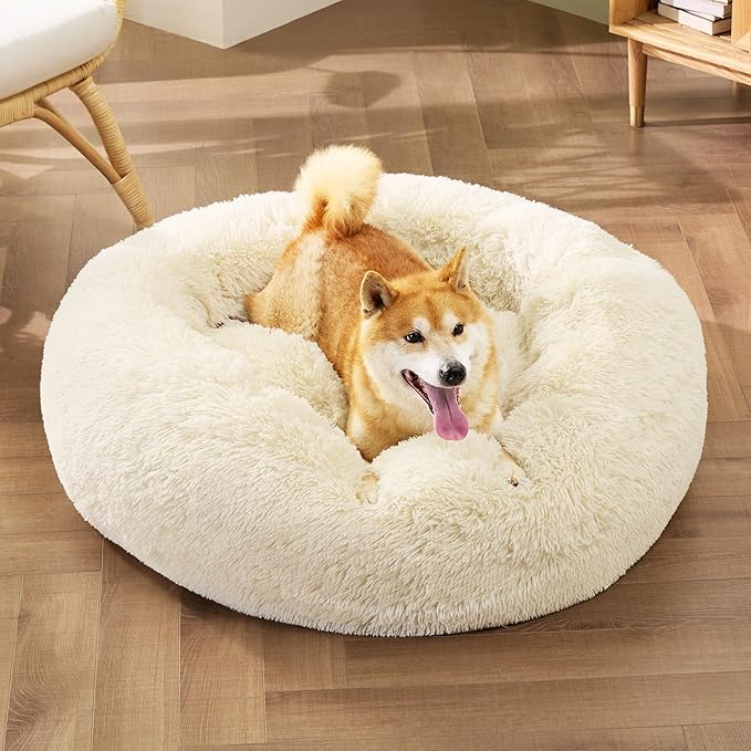Bedsure Calming Dog Bed for Medium Dogs - Donut Washable Medium Pet Bed, Anti-Slip Round Fluffy