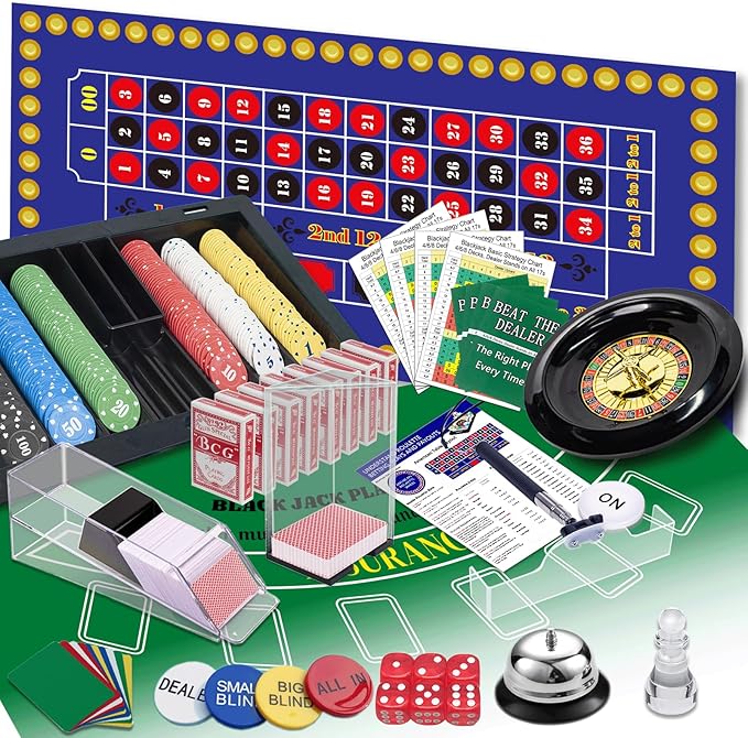 5 in 1 Super Casino Game Set: Blackjack/Roulette/Craps/Texas Hold'em/Poker Kit with Shoe+Discard