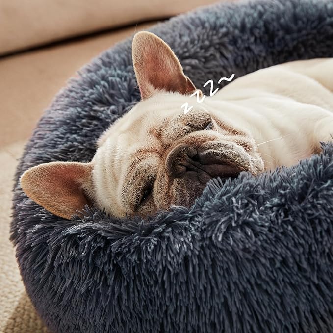 Love's cabin Calming Cat Bed for Indoor Cats, Anti-Anxiety Donut Round Dog Bed, Fluffy Faux Fur