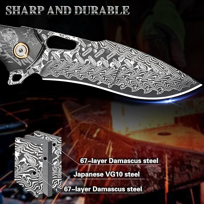 Damascus Steel Folding Pocket Knifeï¼?.6in Men's EDC knife，With leather sheath，pocket clip，Liner