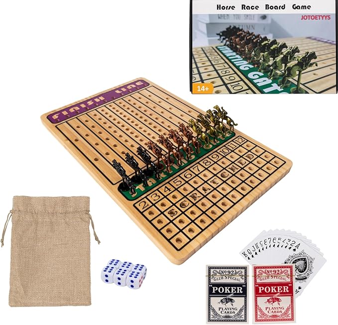 Horse Race Board Game, Horse Racing Game with 11 Luxury Metal Horses, 4 Dice, 2 Boxes of Cards, and