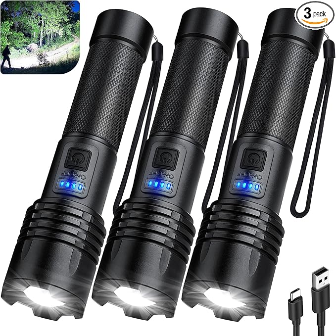 3 Pack Rechargeable Flashlights 90,000 High Lumens, Super Bright LED Flash Light with 3 Light