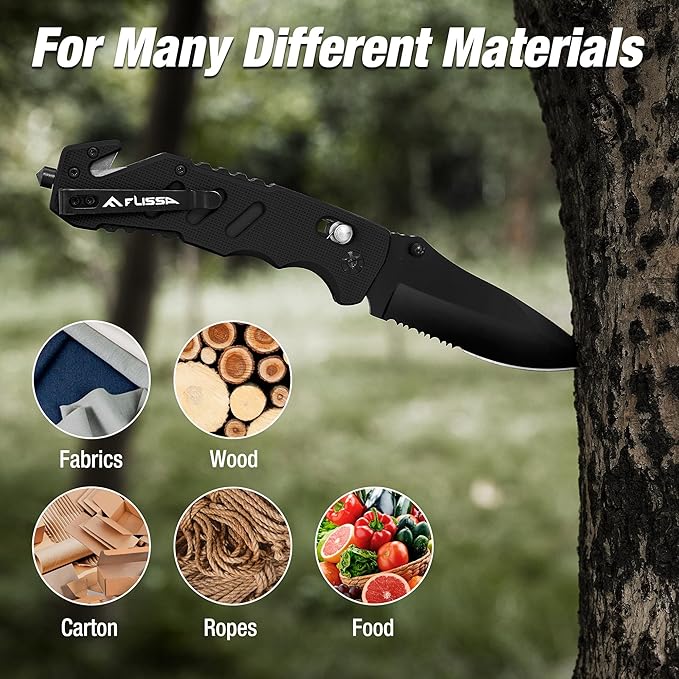 FLISSA Folding Pocket Knife with Clip, Glass Breaker and Seatbelt Cutter, Survival Knife for