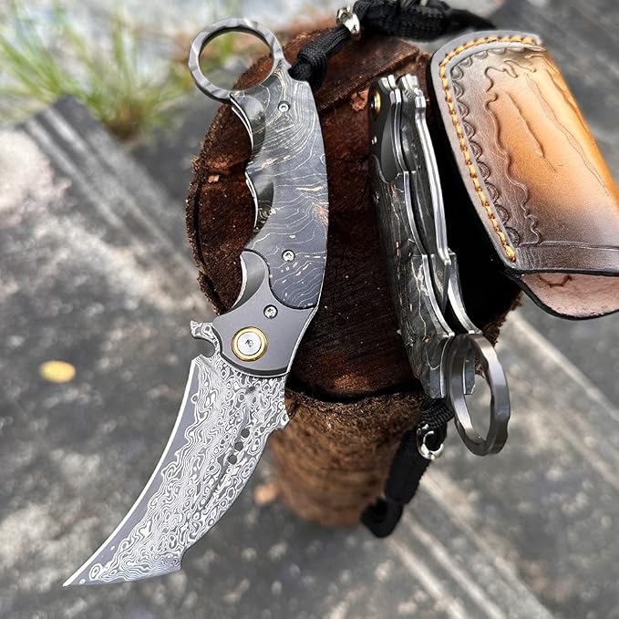 Handmade Damascus steel Folding Pocket EDCKnife，with cowhide sheath And pocket clipï¼?.8in blade