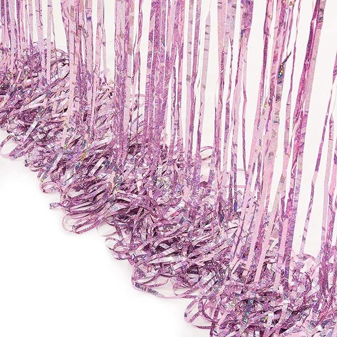 BRAVESHINE Pink Blue Tinsel Foil Fringe Curtains - 2Pcs 3.2x8.2ft Holidays Photo Streamers Backdrop