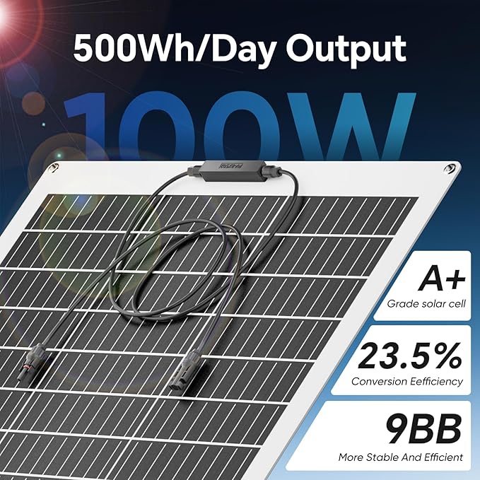 100W Flexible Solar Panel, 12V Monocrystalline Lightweight High Efficiency Bendable Mountable for