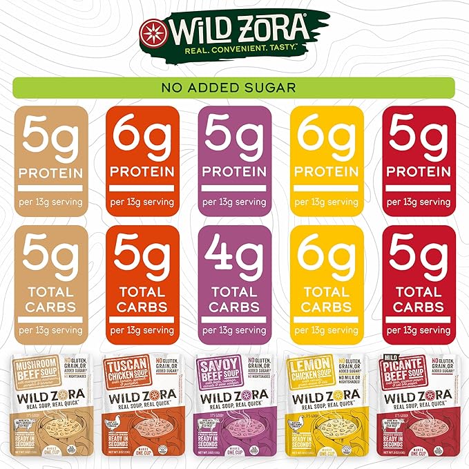 Wild Zora Instant Keto-Friendly Soups 5-Pack Variety, Broth Made with Grass-Fed Beef, Free-Range