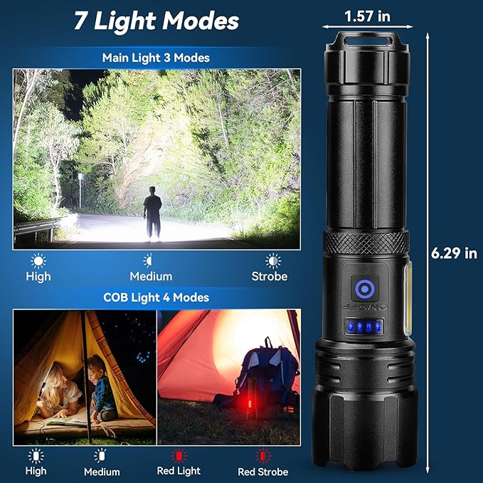 Rechargeable Flashlight, 99,000 Lumens Super Bright Flash Light, 7 Modes with COB Work Light, IPX6