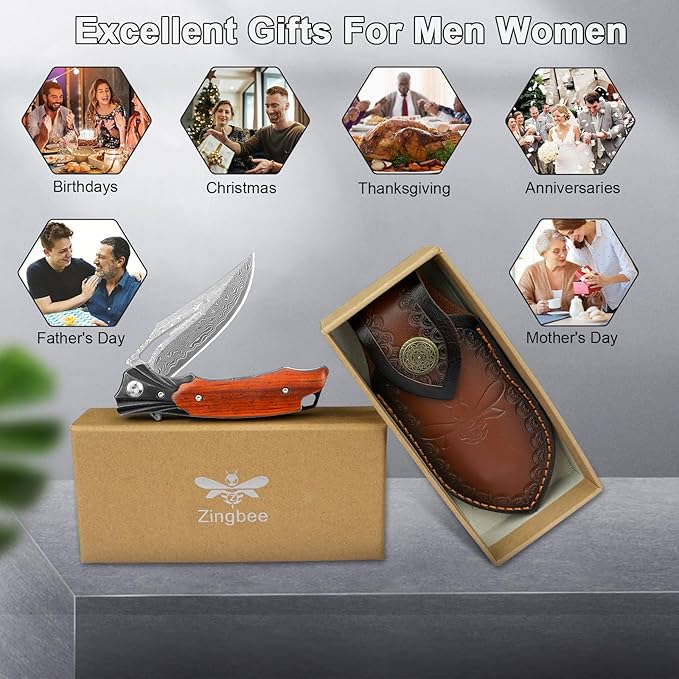 Damascus Pocket Knife for Men Women, Wood Handle Folding Knife with Sheath, 3.15" Damascus Steel