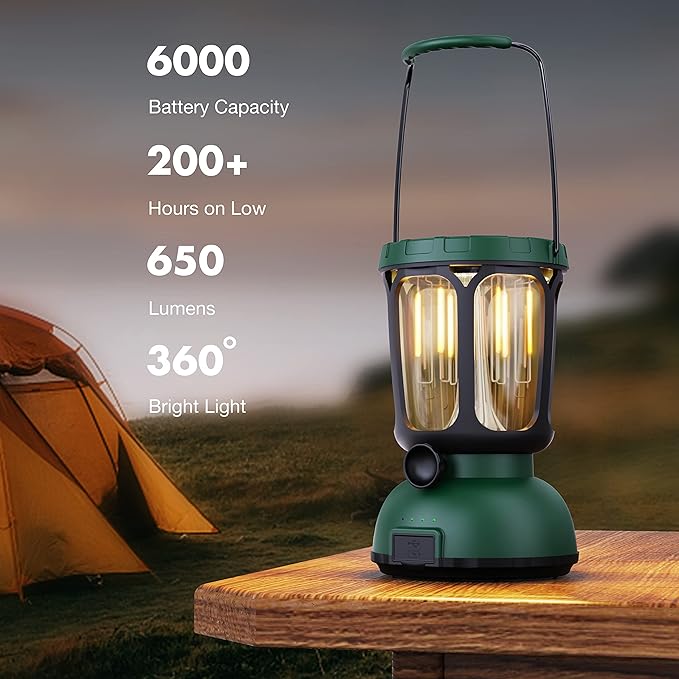 Raynic 6000 LED Camping Lantern, 650LM Hand Crank Solar Battery Powered Rechargeable Lantern