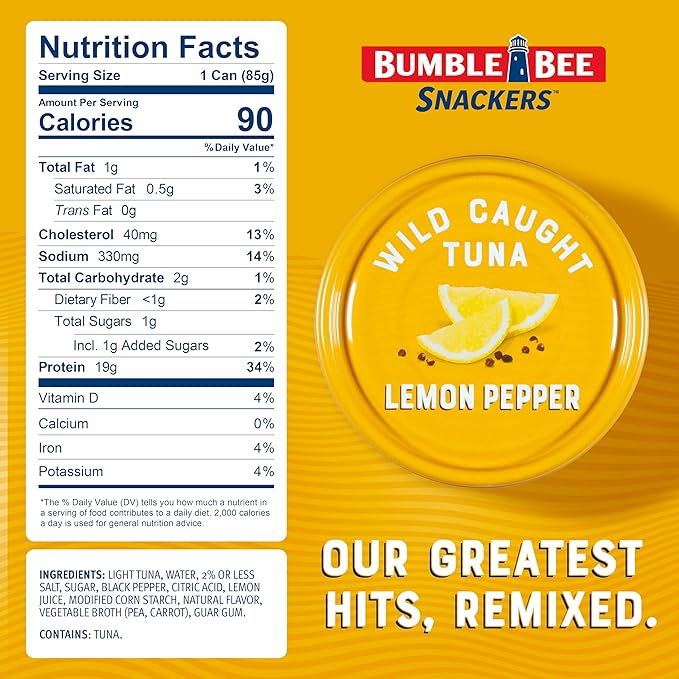 Bumble Bee Snackers - Lemon Pepper Tuna, 3 oz Easy Open Can - 19g Protein per Serving - Wild Caught