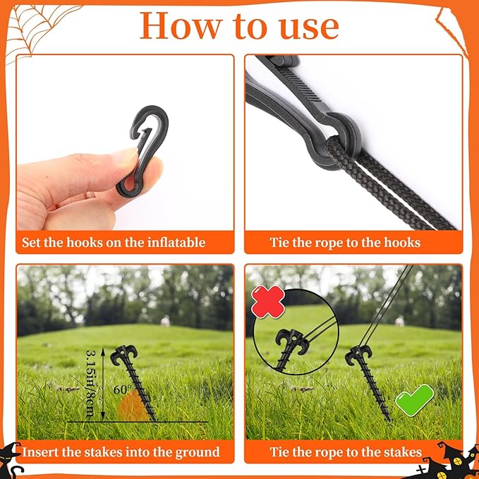 AUGSUN 54 Pieces Plastic Inflatable Stakes Set, Include Tent Stakes, Tethers Ropes and Hooks Heavy