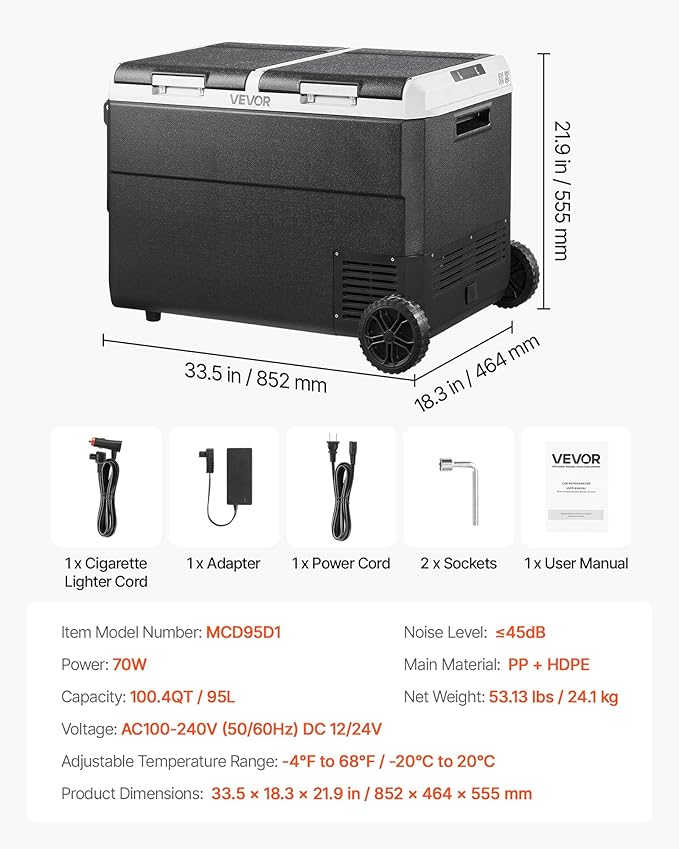 VEVOR 12 Volt Car Refrigerator, 100.4QT/95L Car Fridge, Dual Zone Portable Electric Cooler with