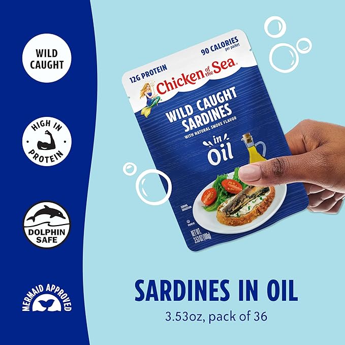Chicken of the Sea Sardines in Oil, 3.53 oz. Packets (Pack of 36), Wild Caught Sardines