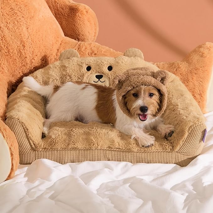 LE SURE Cute Cat Couch for Pets - Fluffy Original Bear Design for Small Dog Bed, Supportive Dog