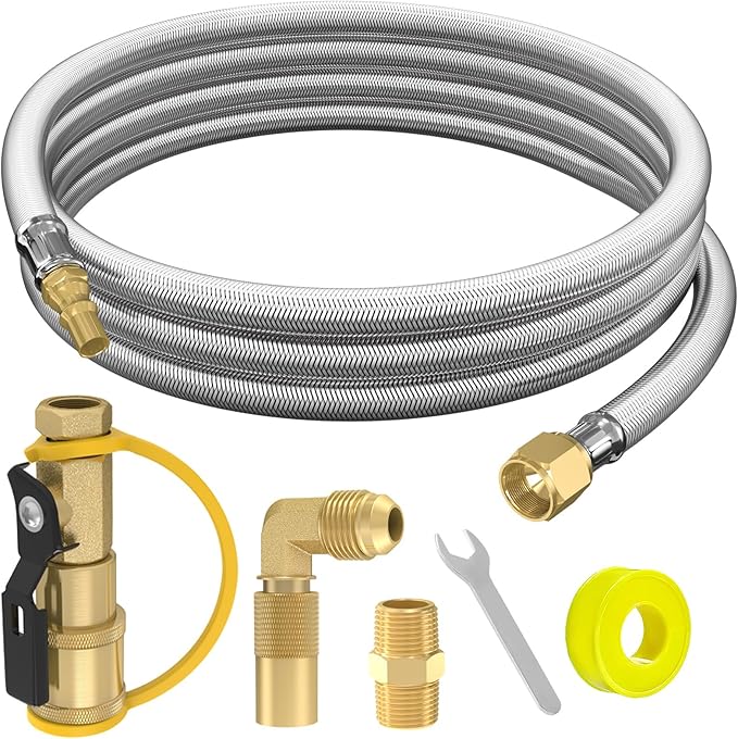 12FT RV Quick Connect Propane Hose with 1/4" Safety Shutoff Valve, Stainless Steel & Brass, Silver