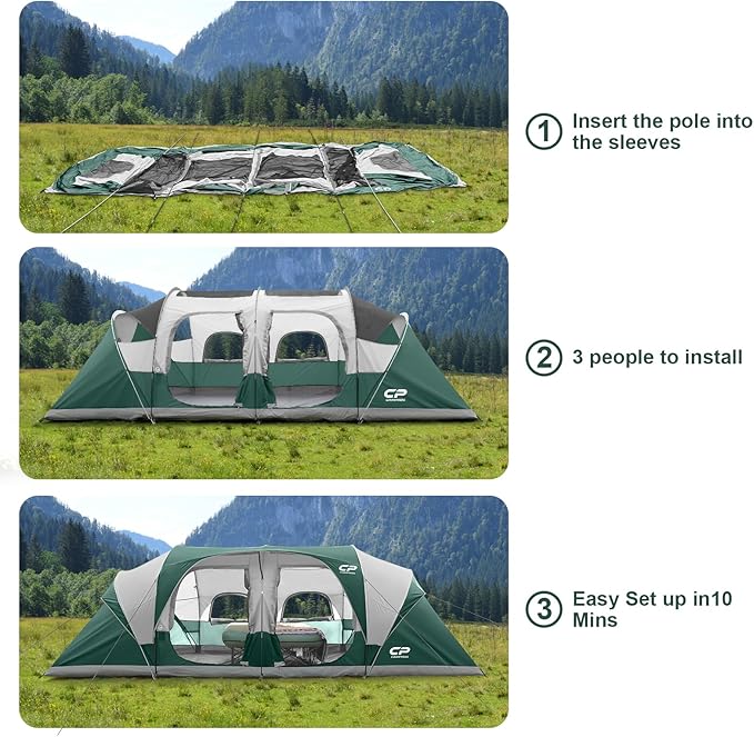 CAMPROS CP Tent 12-Person-Camping-Tents,3 Room Family Tents,Waterproof Windproof Family Tent with