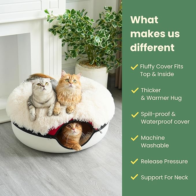 CATTASAURUS Peekaboo Cat Cave for Multiple & Large Cats Up to 30-45 Lbs, Fluffy Cat Beds &