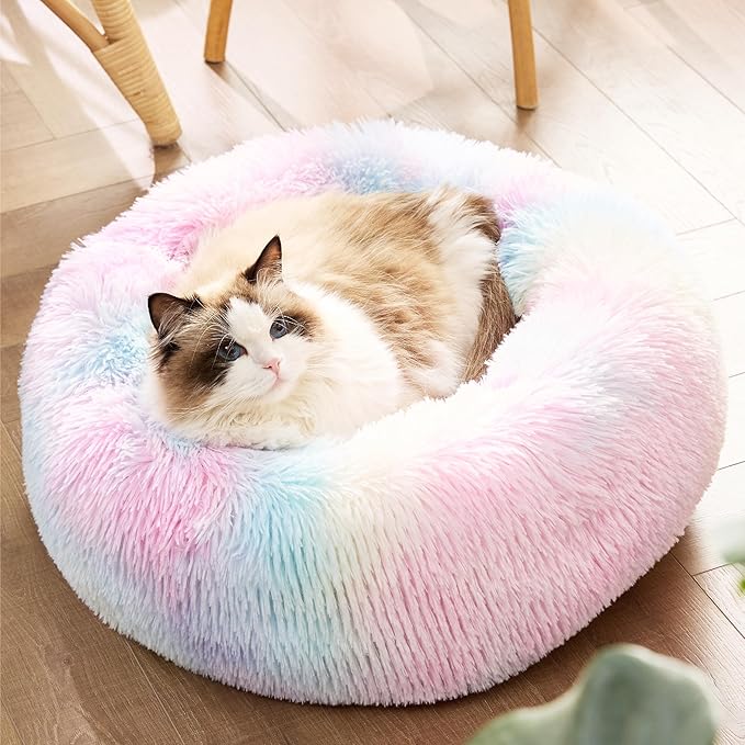 Bedsure Calming Cat Beds for Indoor Cats - Small Washable Round Cat Bed, Anti-Slip Fluffy Plush
