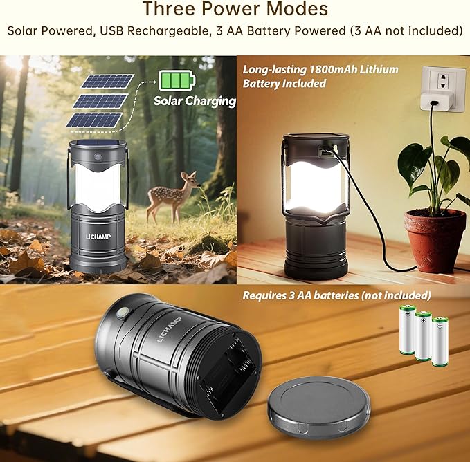 Lichamp 1-Pack Solar Camping Lantern, USB Rechargeable LED Lanterns Battery Powered Pop Up