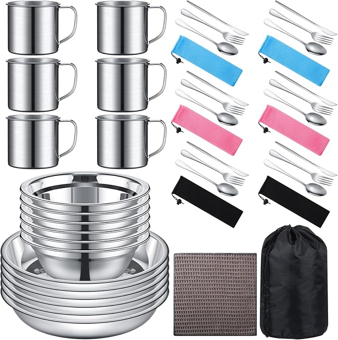 Lallisa Outdoor Camping Cookware Mess Kit Polished Stainless Steel Dishes Camping Utensils Portable