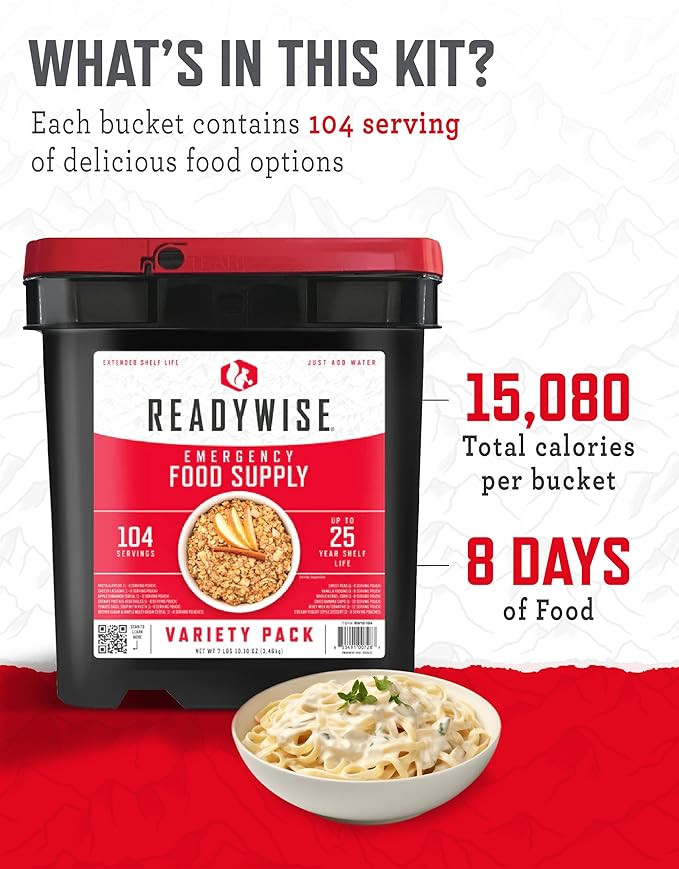 ReadyWise Emergency Food Supply - 104 Servings Variety Pack Bucket, Protein Meals, Dehydrated &