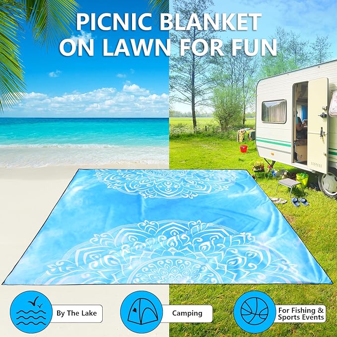 Beach Blanket Waterproof Sandproof Beach Mat 79" X 83"/10'x9'for 2-8 Adults Quick Drying Outdoor