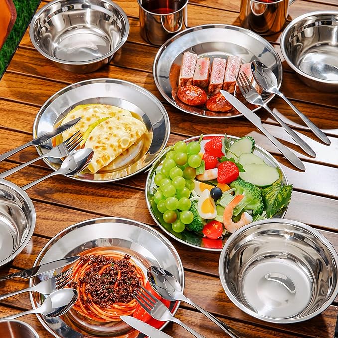 Odoland 29pcs Stainless Steel Utensils Camping Tableware Kit with Bowls Plates Cups Forks Spoons