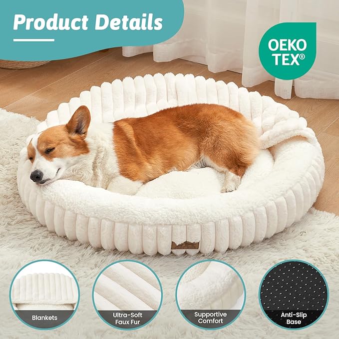 Small Dog Bed with Hooded Blanket, Round Fluffy Anti-Anxiety Pet Bed for Small Dogs & Medium Dogs
