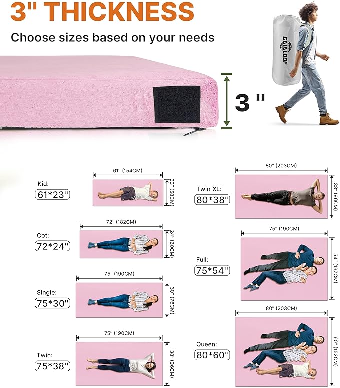 3 Inch GAIALOOP Thick Memory Foam Camping Mattress Sleeping Pad [Car/Tent/Cot] Glamping Portable