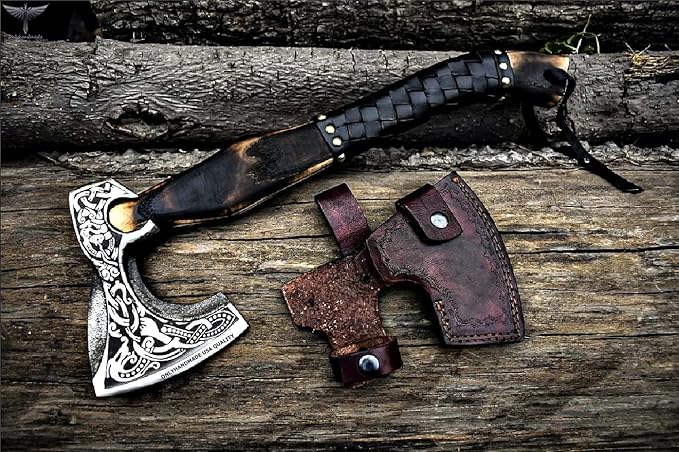 Custom Gift Forged Carbon Steel Viking Axe with Rose Wood Shaft, Viking Bearded Camping Axe &