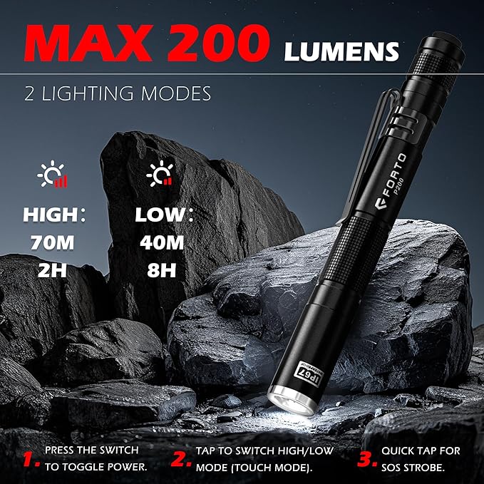 FORTO LED Pen Light, 200 Lumens Pocket Flashlight, IP67 Waterproof, 2 Modes, 2 Pack with AAA
