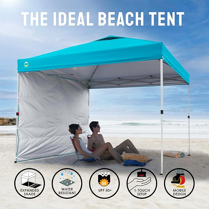 CROWN SHADES 10x10 Pop Up Canopy with 1 Side Wall - Beach Tent with One Push Setup - Outdoor Sun