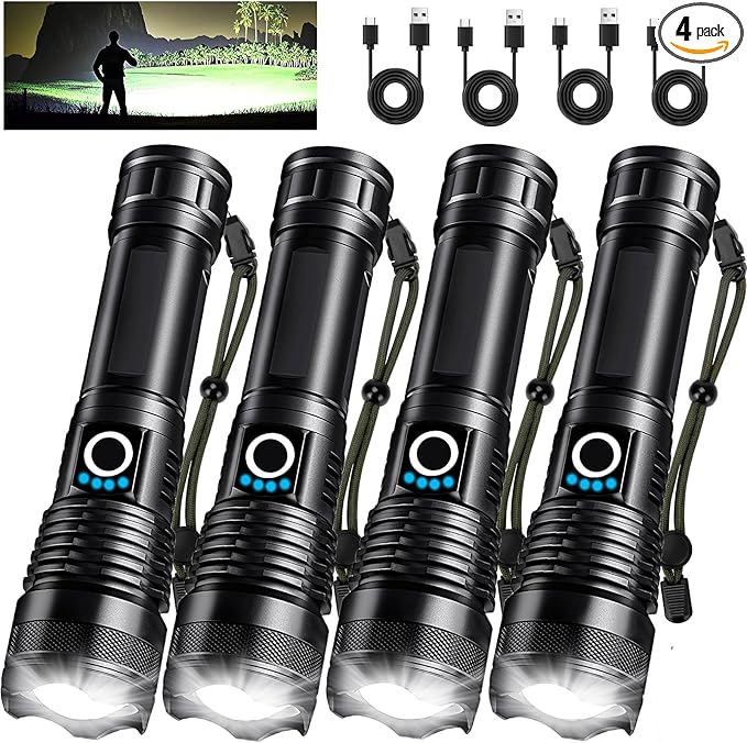 4 Pack Rechargeable LED Flashlights High Lumens, 90,000LM Super Bright Flashlight, Adjustable