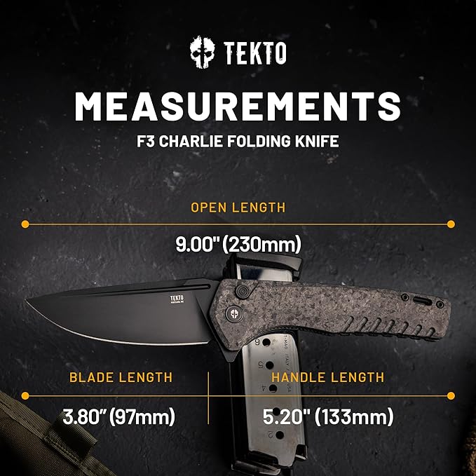 F3 Charlie Button Lock Folding Knife, Oversized Fine Edge Blade, Tactical Forged Carbon G10 Handle