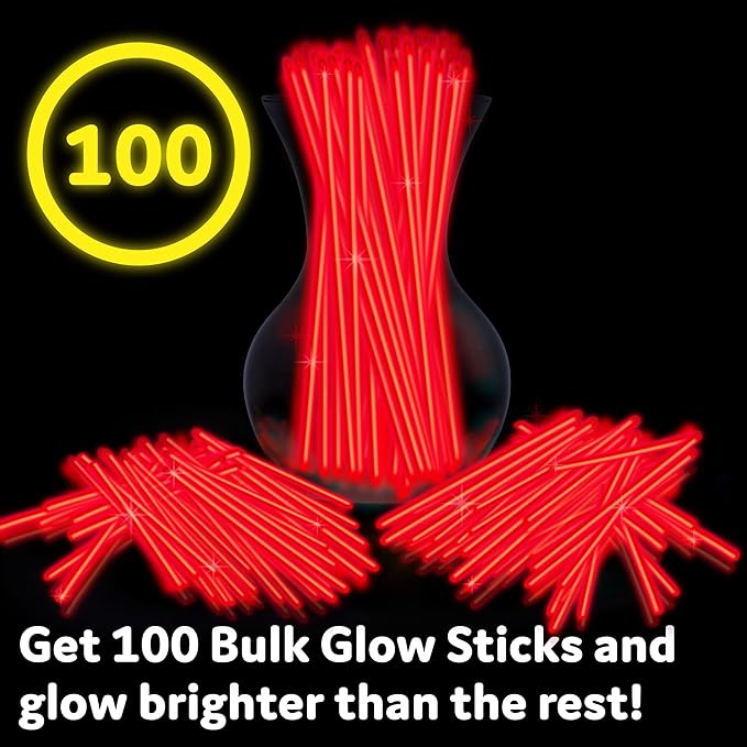 PartySticks Red Glow Sticks - 100pk, 8 Inch Glow in The Dark Light Up Sticks - Party Favors