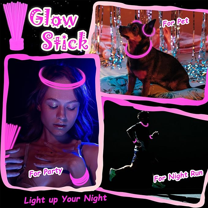 100 pk 8" Pink Glow Sticks Bulk Party Favors, Light up Glow Necklaces & Bracelets in the Dark Party