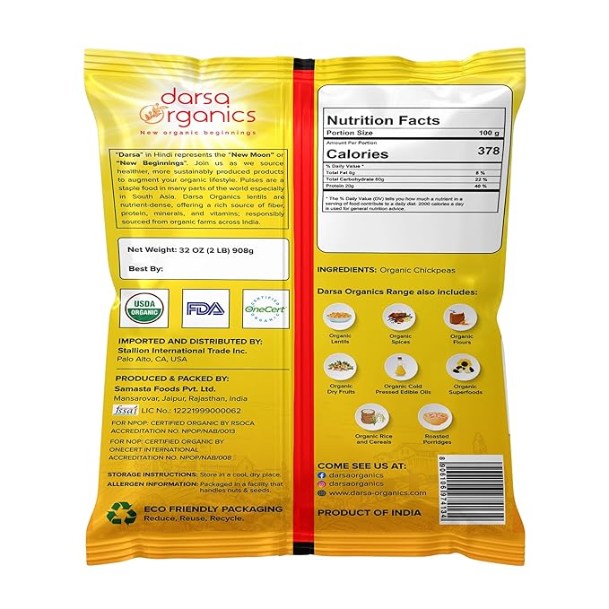 Darsa Organics Chickpeas (Garbanzo Beans) 2 lb | Kabuli Chana Dal | USDA Organic, Non-GMO, Kosher |